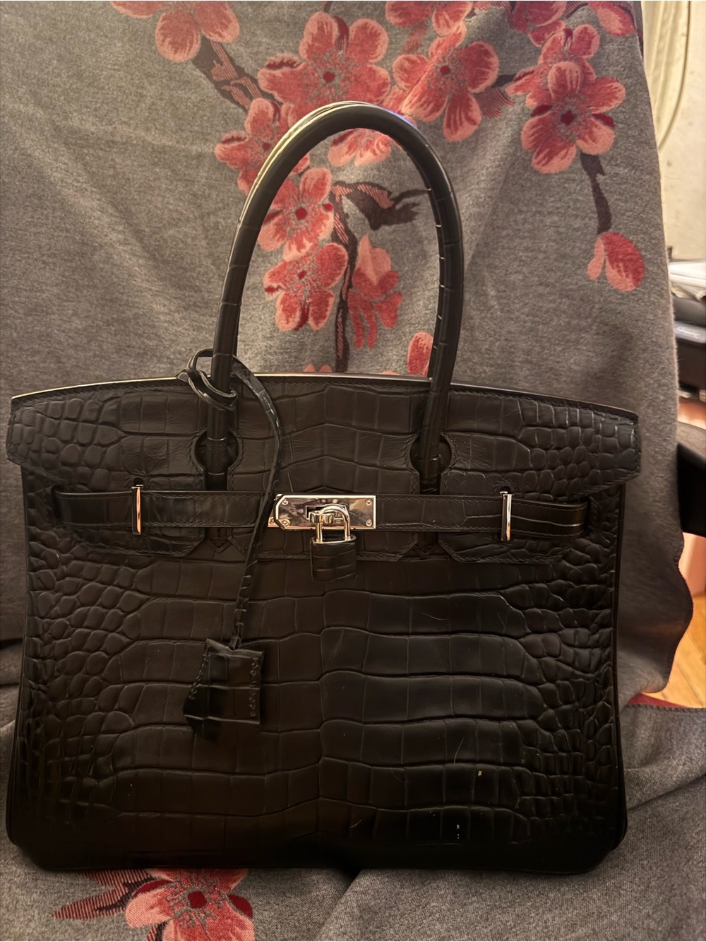 Hermes Style Birkin -Black Croc-Embossed genuine Leather 30cm bag